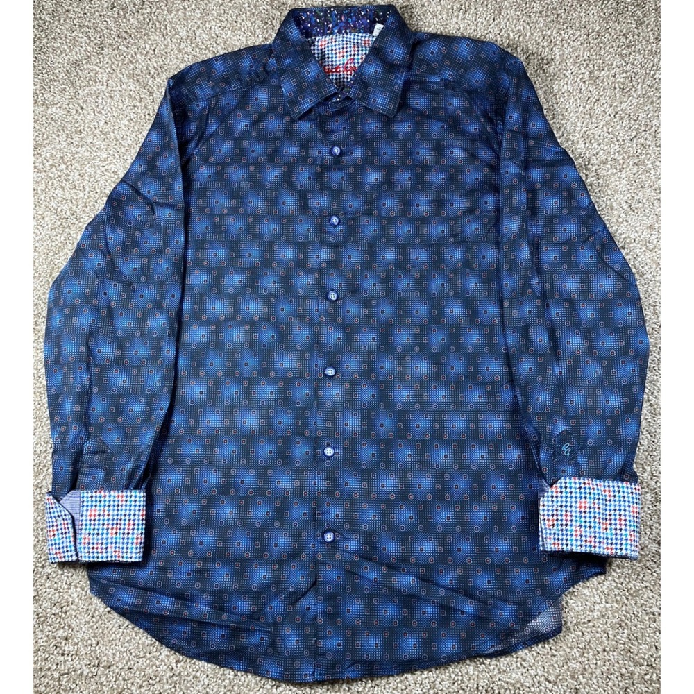 Robert Graham Mens Blue Geometric Dot Button Down Shirt Size Large Flip Cuff